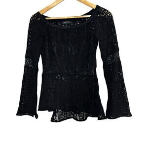 Marciano by GUESS Black Lace Long Sleeve Blouse Small Boat Neck Elegant Feminine